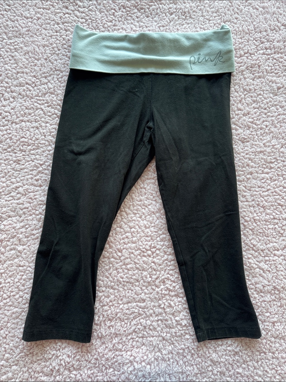 Vintage PINK Victoria's Secret Girls Black Capri Leggings Fold-Over Waistband